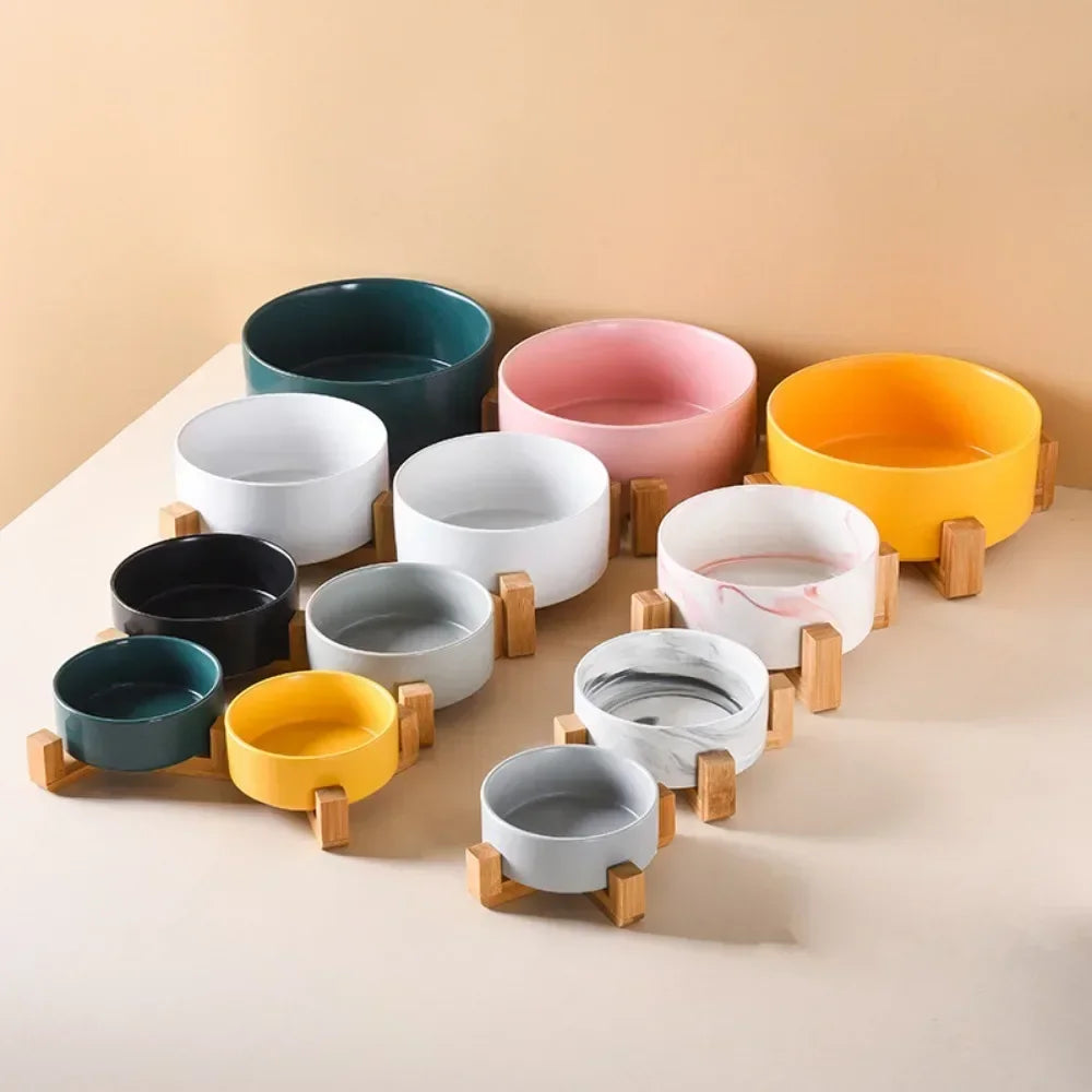 Dog Bowl Cat Bowl Ceramic Bowl Water Bowl Wooden Frame Protection Cervical Spine Tall Dog Drinking Bowl Pet Bowl Pet Supplies